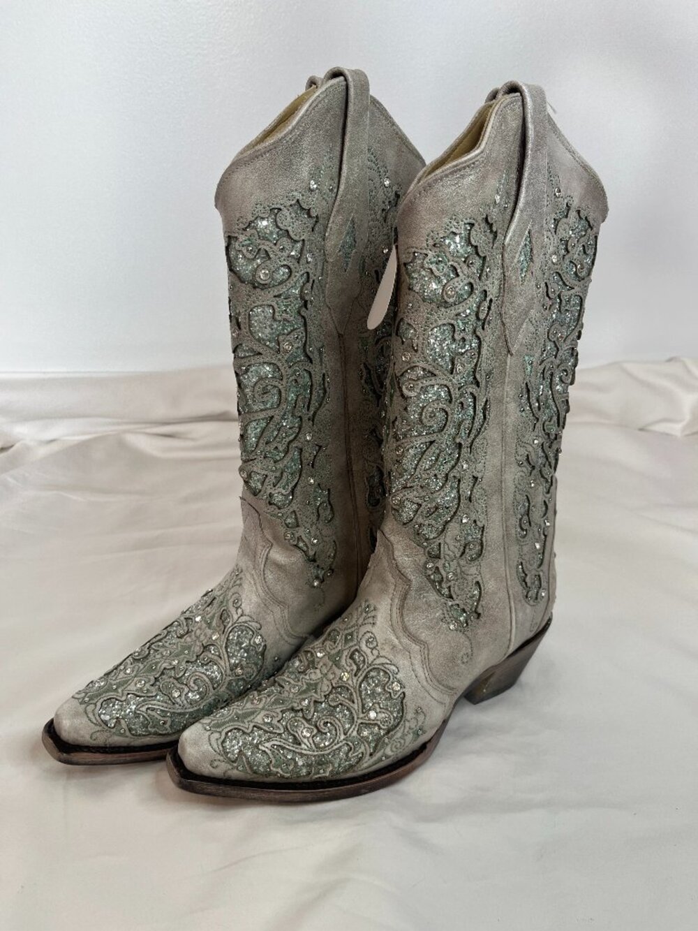 Corral Boots Gray with Light Green Glitter Inlay Cowgirl Boots (NWT)